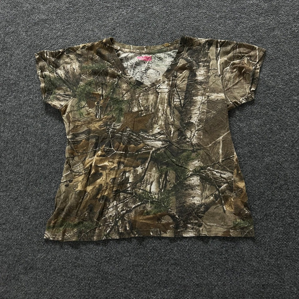 Game Winner T-Shirt Womens XL Brown Camo Real Tree V-Neck Short Sleeve Casual